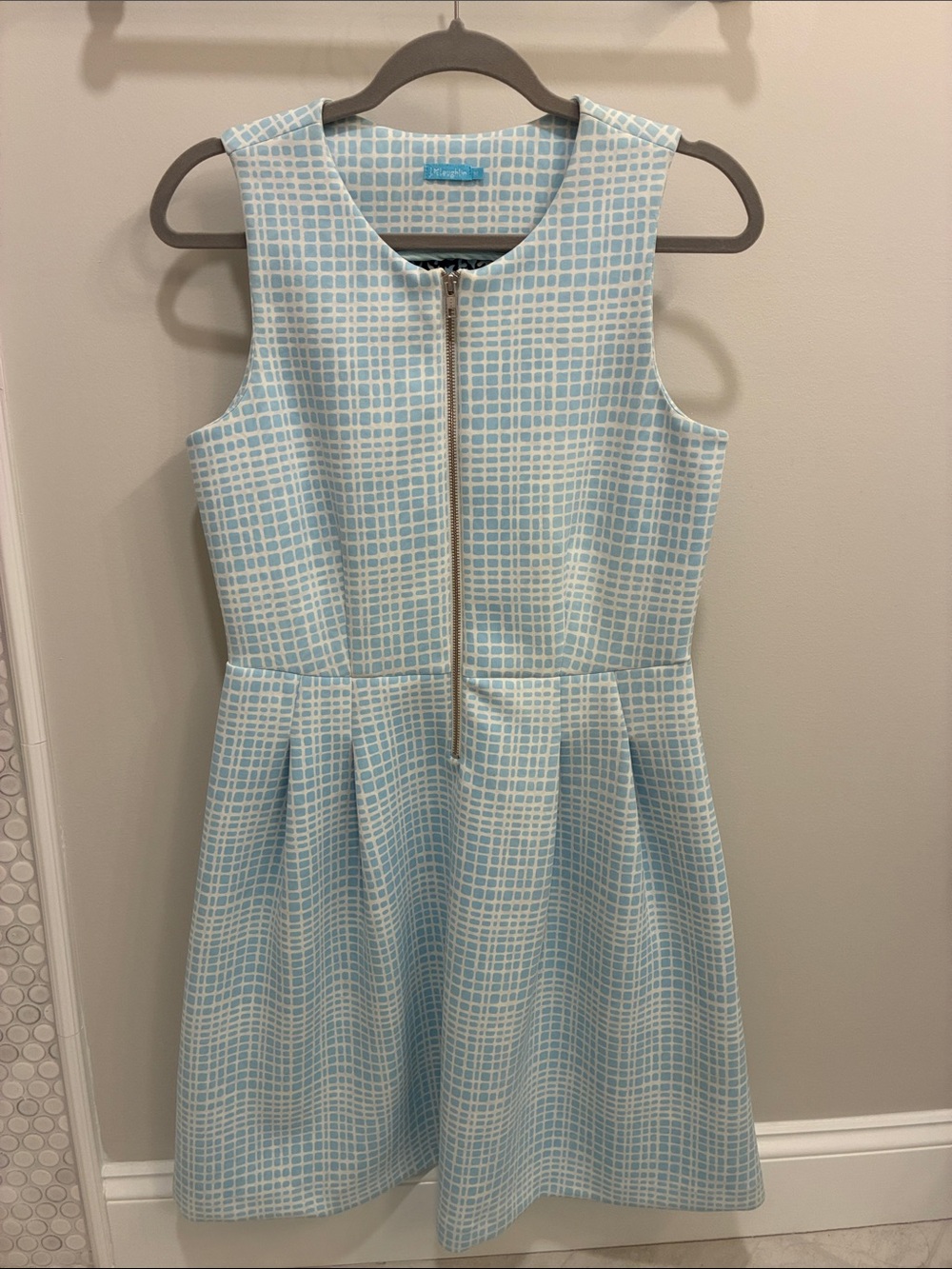 J. McLaughlin Light Blue and White Grid Zip-Front Fit & Flare Dress